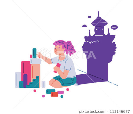 Cute child girl builds castle out of blocks, beautiful palace in shadow 113146677