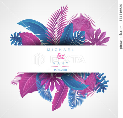 Wedding Invitation with Tropical Leaves Concept, Vector Illustration 113146680