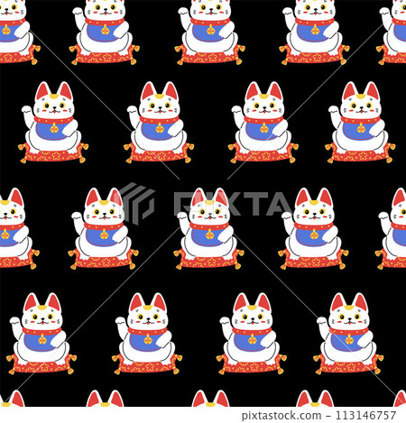 Seamless vector pattern with Japanese Maneki Neko, lucky cat wealth symbol sits on pillow raised paw up, eastern culture 113146757