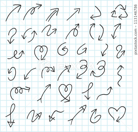 Artistic Collection of Hand Drawn Arrow Set. Isolated and Real Pen Sketch, Vector Illustration 113146786