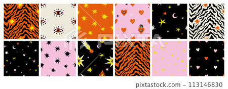 Boho celestial magic art tiger heart star comet flame fire background. Contemporary seamless pattern in playful naive bohemian style. Mystic cosmic tarot aesthetic. Black red white yellow pink colors. Boho celestial magic art tiger heart star comet flame fire background. Contemporary seamless pattern in playful naive bohemian style. Mystic cosmic tarot aesthetic. Black red white yellow pink colors. 113146830