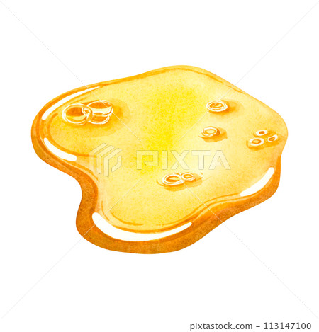 A gold drop of oil spreading over the surface. Hand drawn watercolor illustration of an oil essence isolated on the background. Beauty treatments, skin care design. Medical, spa, scientific concepts. 113147100