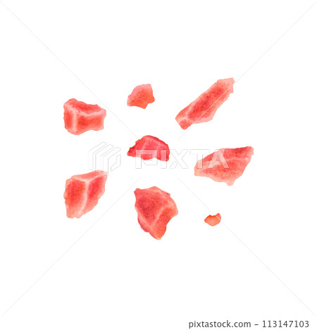 Pink Himalayan coarse salt. A scattering of crystals of salt. Hand drawn watercolor illustration on isolated background. Pieces of different shapes. Use for design promotional products. Spa concept. Pink Himalayan coarse salt. A scattering of crystals of salt. Hand drawn watercolor illustration on isolated background. Pieces of different shapes. Use for design promotional products. Spa concept. 113147103