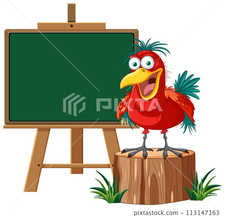 Cheerful Parrot with Blank Chalkboard 113147163