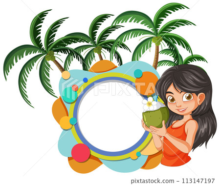 Tropical Frame with Cheerful Girl Tropical Frame with Cheerful Girl 113147197