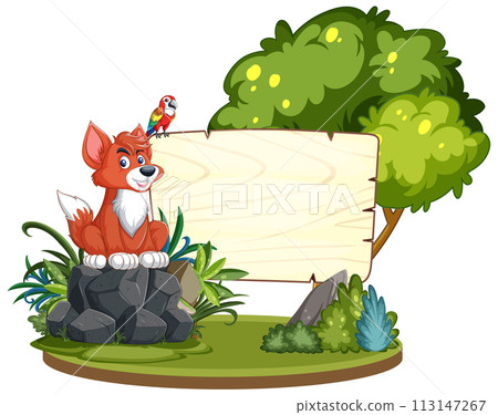 Friendly Fox and Bird with Blank Sign Friendly Fox and Bird with Blank Sign 113147267