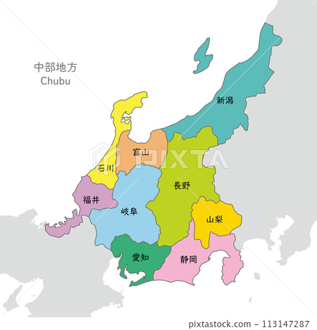 Chubu region, colorful map of the Chubu region with prefecture names in Japanese Chubu region, colorful map of the Chubu region with prefecture names in Japanese 113147287