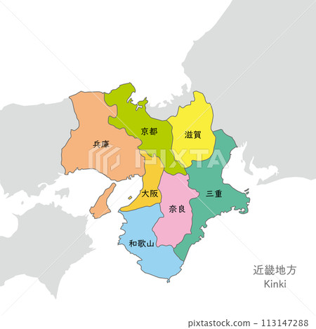 Kinki region, colorful map of the Kinki region, with Japanese prefecture names Kinki region, colorful map of the Kinki region, with Japanese prefecture names 113147288