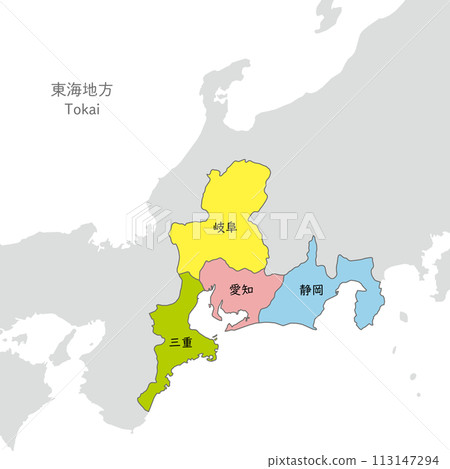 東海地區,東海地區的彩色地圖,附有日本縣名 東海地區,東海地區的彩色地圖,附有日本縣名 113147294