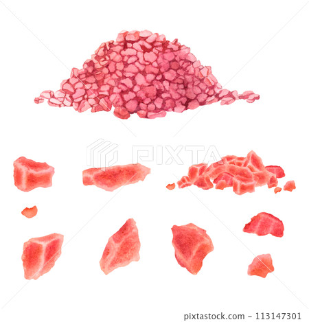 Pink Himalayan coarse salt. A scattering of crystals of salt. Hand drawn watercolor illustration on isolated background. Pieces of different shapes. Use for design promotional products. Spa concept. 113147301