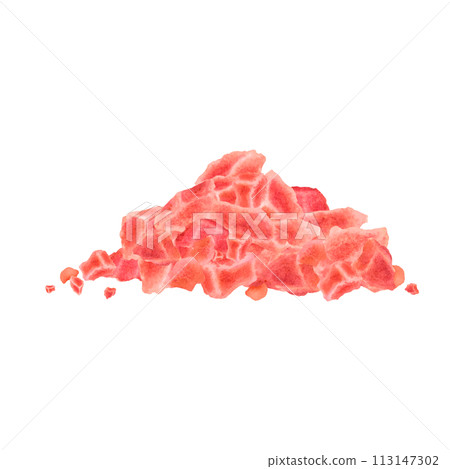 Pink Himalayan coarse salt. A scattering of crystals of salt. Hand drawn watercolor illustration on isolated background. Pieces of different shapes. Use for design promotional products. Spa concept. Pink Himalayan coarse salt. A scattering of crystals of salt. Hand drawn watercolor illustration on isolated background. Pieces of different shapes. Use for design promotional products. Spa concept. 113147302