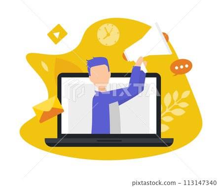 Businessman Promoting Goods and Services for Potential Customers with Megaphone Climbing out of Computer Screen, Advertising Business Concept Vector Illustration Businessman Promoting Goods and Services for Potential Customers with Megaphone Climbing out of Computer Screen, Advertising Business Concept Vector Illustration 113147340