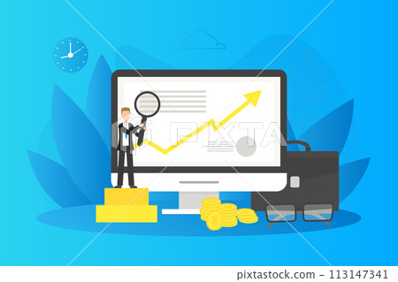 Tiny Successful Businessman with Magnifying Glass Looking at Graph on Computer Screen, Business Character Increasing of Online Profit Sales Vector Illustration Tiny Successful Businessman with Magnifying Glass Looking at Graph on Computer Screen, Business Character Increasing of Online Profit Sales Vector Illustration 113147341