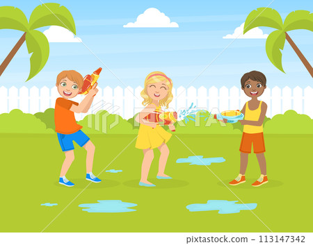 Cute Children Playing with Water Guns Outdoors, Happy Boys and Girl Having Fun in Summer Vacation Vector Illustration 113147342