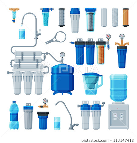Water Filters Set, Equipment for Water Cleaning, Special Modern Technologies for Liquid Purification Vector Illustration on White Background 113147418