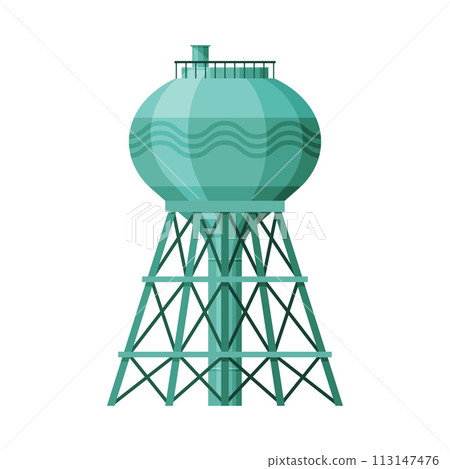 Green Metal Water Tower, Liquid Storage Tank, Countryside Life Object Flat Vector Illustration on White Background 113147476