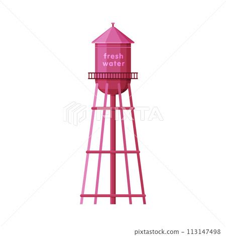 Fresh Water Industrial Construction, Pink Tower, Liquid Storage Tank, Countryside Life Object Flat Vector Illustration on White Background 113147498