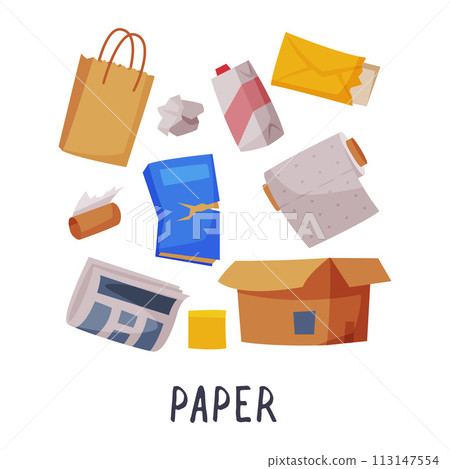 Paper Waste Sorting, Segregation and Separation of Garbage Vector Illustration on White Background Paper Waste Sorting, Segregation and Separation of Garbage Vector Illustration on White Background 113147554
