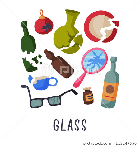 Glass Waste Sorting, Segregation and Separation of Garbage Vector Illustration on White Background 113147556
