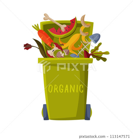 Waste Sorting, Green Trash Can with Sorted Organic Garbage, Segregation and Separation Rubbish Disposal Refuse Bin Vector Illustration 113147571