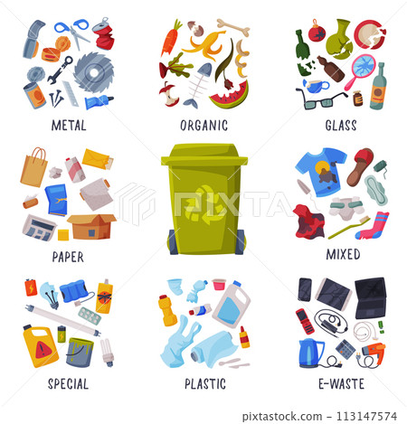 Waste Sorting, Different Types of Garbage, Paper, Plastics, Metal, Glass, Organic, E-Waste, Segregation and Separation Rubbish Disposal Refuse Bins Vector Illustration 113147574