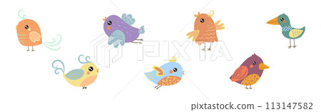 Cute Little Birdie with Colorful Feather Vector Set Cute Little Birdie with Colorful Feather Vector Set 113147582