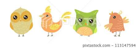 Cute Little Birdie with Colorful Feather Vector Set 113147594
