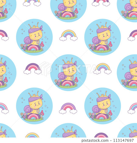 Seamless pattern with groovy snail character hippy. Funny kawaii insect boy on rainbow on white background. Nostalgic Vector illustration in trendy retro style 70s. Seamless pattern with groovy snail character hippy. Funny kawaii insect boy on rainbow on white background. Nostalgic Vector illustration in trendy retro style 70s. 113147697