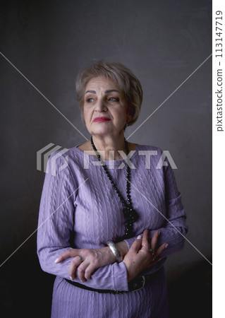 portrait of a beautiful old woman in a purple dress in the style of fine art 113147719