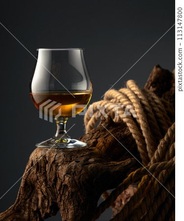 Brandy snifter and rope on a old wooden snag. Brandy snifter and rope on a old wooden snag. 113147800