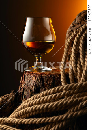 Brandy snifter and rope on a old stumb. 113147805