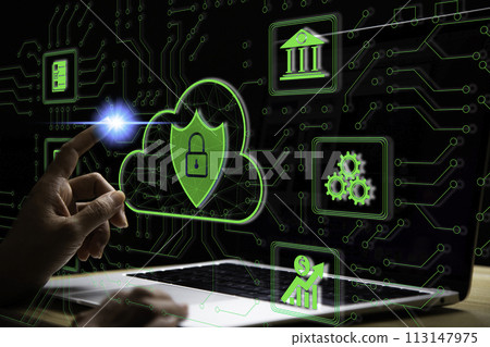 Cyber security concept protect information on internet network. Business scan keys unlock the screen with virtual screen interface to enter the network, futuristic virtual screen interface 113147975