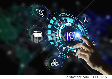 Information Technology Networks Internet Connecting Wireless Devices around the world. Information Technology is Essential to Businesses in the Digital world with  and Icons Connected to each other. 113147976