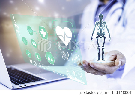 concept of medical technology diagnosis of the body. Doctor standing holding hands 3d bone icon. Medical technology analyzes the virtual screen interface of the network connection. Big data. 113148001