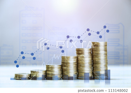 coin is placed as a graph showing the success of the income fund. Business success concept, wealth, investment, stock in the digital age. Digital transformation for next-generation technology.. 113148002