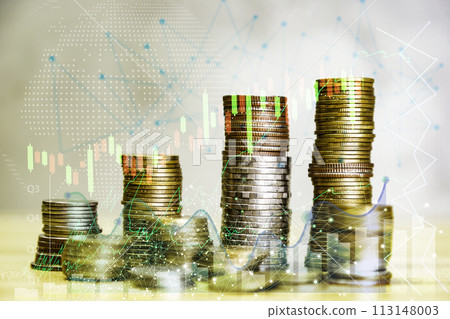 coin is placed as a graph showing the success of the income fund. Business success concept, wealth, investment, stock in the digital age. Digital transformation for next-generation technology.. 113148003