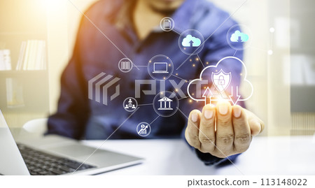 Cyber security concept protect information on internet network. Business scan keys unlock the screen with virtual screen interface to enter the network, futuristic virtual screen interface 113148022