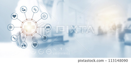 Medical Technology diagnosis of medical treatment concepts. Doctor and stethoscope of touch icon. Medical Technology analysis the Network connection virtual screen interface. Hospital blur Background. 113148090