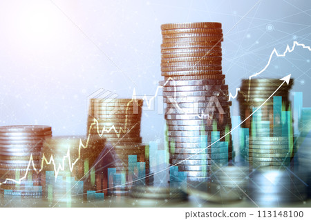 Coins are laid in graph.Business success concept wealth stock investment.Business in the digital age.Digital transformation for next generation technology.Technology is growing by leaps and bounds. 113148100