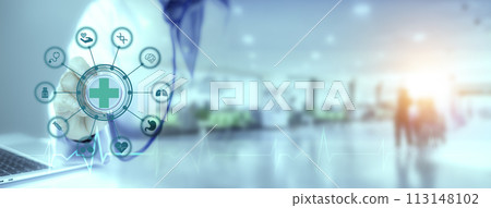 Medical Technology diagnosis of medical treatment concepts. Doctor and stethoscope of touch icon. Medical Technology analysis the Network connection virtual screen interface. Hospital blur Background. 113148102