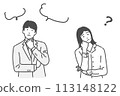 Vector illustration set of men, women, and people who are lost, thinking, worried, and wondering. Monochrome, white background, no background. 113148122