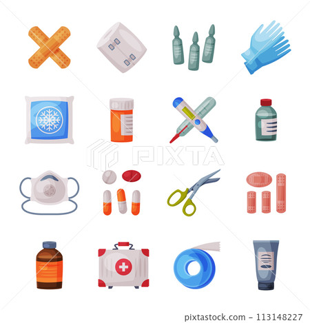 Medical Emergency Box Equipment and Medications, Mask, Tube of Ointment, Thermometer, Ampule, Syringe, Scissors, Pills Flat Vector Illustration 113148227