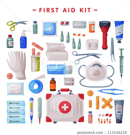 First Aid Kit, Medical Emergency Box Equipment and Medications, Flashlight, Gloves, Tube of Ointment, Thermometer, Plaster, Ampule, Syringe, Forceps, Pills Flat Vector Illustration 113148228