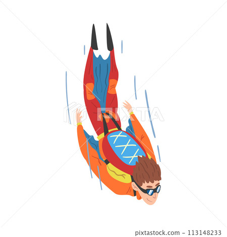 Male Skydiver in Wingsuit Falling Down, Skydiving and Parachuting Extreme Hobby or Sport Cartoon Style Vector Illustration 113148233