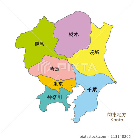 Maps, icons, and Japanese prefecture names for each prefecture in the Kanto region Maps, icons, and Japanese prefecture names for each prefecture in the Kanto region 113148265