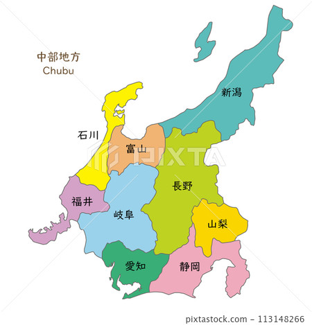 Maps, icons, and Japanese prefecture names for each prefecture in the Chubu region Maps, icons, and Japanese prefecture names for each prefecture in the Chubu region 113148266