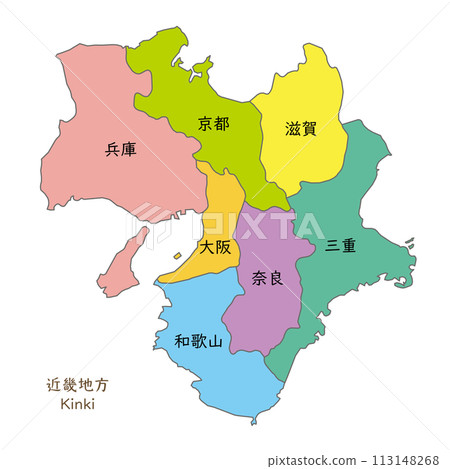 近畿地區各縣的地圖、圖標和日本縣名 近畿地區各縣的地圖、圖標和日本縣名 113148268