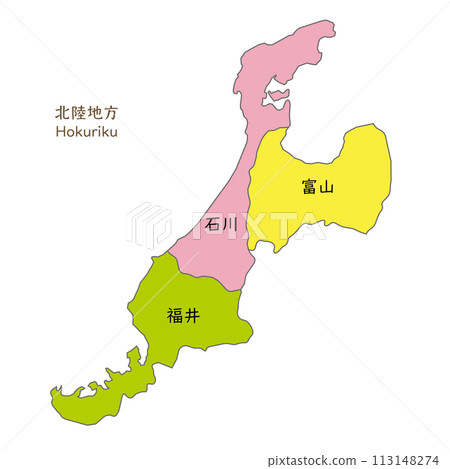北陸地區各縣的地圖、圖標和日本縣名 113148274
