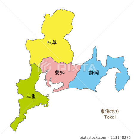 東海地區各縣的地圖、圖標和日本縣名 113148275