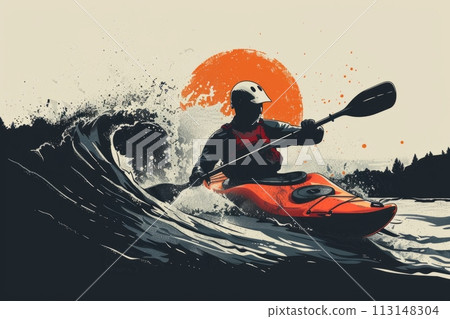 Drawn style. Illustration. Silhouette of athlete guy in protective jacket at kayak sails on wild mountain river. Drawn style. Illustration. Silhouette of athlete guy in protective jacket at kayak sails on wild mountain river. 113148304